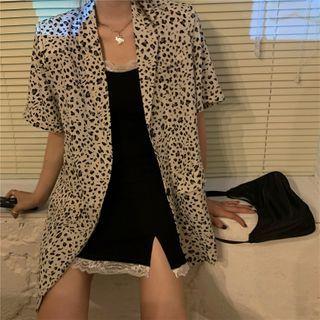 Spaghetti Strap Lace Trim Mini Dress / Short-sleeve Leopard Print Shirt