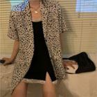Spaghetti Strap Lace Trim Mini Dress / Short-sleeve Leopard Print Shirt