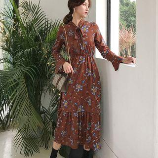 Floral Long-sleeve Midi Chiffon Dress