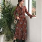 Floral Long-sleeve Midi Chiffon Dress