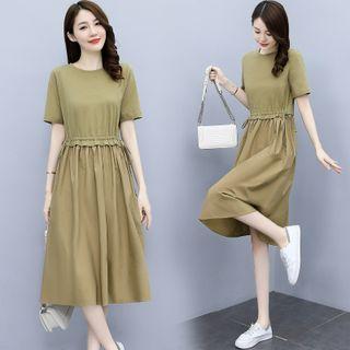 Short-sleeve Plain Drawstring Midi Dress