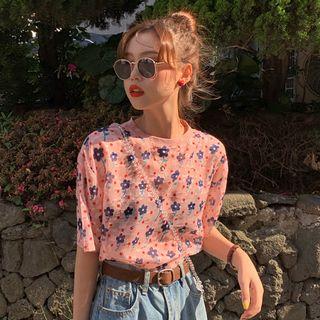 Floral Print Short-sleeve T-shirt Pink - One Size