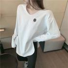 Round-neck Smiley Face-embroidered Split T-shirt White - One Size