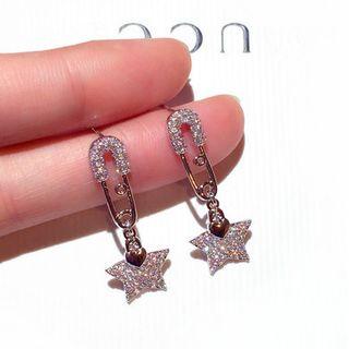 Rhinestone Safety Pin & Star Dangle Earring 1 Pair - Silver - One Size