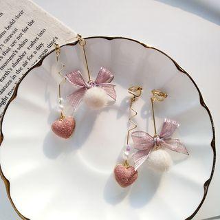 Non-matching Bobble Bow & Faux Pearl Heart Dangle Earring