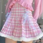 High-waist Furry-trim Lace-up Plaid Mini A-line Pleated Skirt
