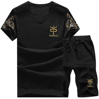 Set: Print Short-sleeve V-neck T-shirt + Sweat Shorts