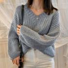 Batwing-sleeve V-neck Knit Sweater Grayish Blue - One Size