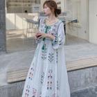 Long-sleeve Embroidered Drawstring Maxi Tunic Dress