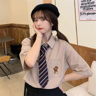 Set: Elbow-sleeve Bear Print Shirt + Tie