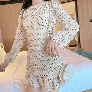 Long-sleeve Dotted Frill Trim Mini Sheath Dress
