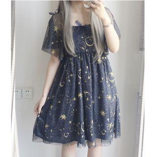 Embroidered Flutter-sleeve A-line Dress