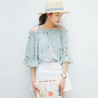 Floral Print Open Shoulder Bell-sleeve Top