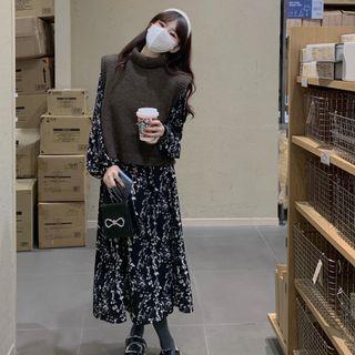 Floral Midi A-line Dress / Turtleneck Plain Sweater Vest