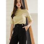 Elbow-sleeve Mock-neck Metallic Top