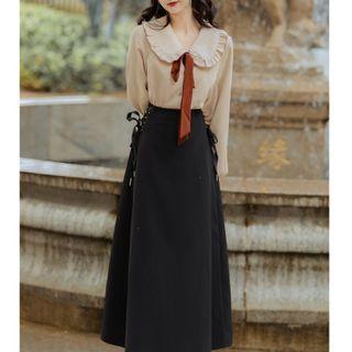 Set: Collared Blouse + Lace-up Midi A-line Skirt