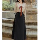 Set: Collared Blouse + Lace-up Midi A-line Skirt