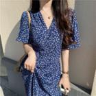 Floral Print Elbow-sleeve Midi A-line Dress Blue - One Size