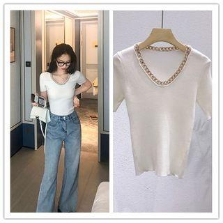 Short-sleeve Chain Detail Knit Top