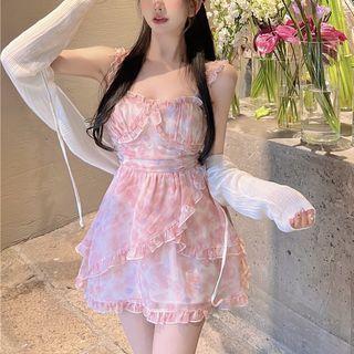 Spaghetti-strap Ruffled Floral Mini A-line Dress / Cardigan