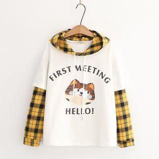 Mock Two-piece Cat Print Plaid Panel Hoodie