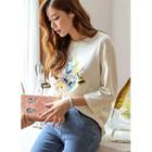 3/4-sleeve Sequined Printed T-shirt