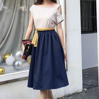 Set: Short-sleeve Cold Shoulder Top + A-line Midi Skirt