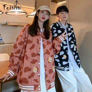 Bear Embroidered Cow Print Baseball Jacket