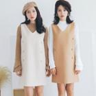 Sleeveless Loose-fit Woolen Sheath V-neck Plain Long Dress