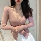 Deep V-neck Long-sleeve Ribbed T-shirt