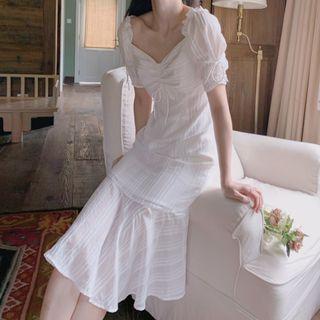 Puff-sleeve Drawstring Striped Midi A-line Dress