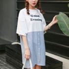 Lettering Striped Panel Elbow Sleeve T-shirt