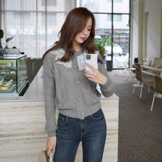 Lace-trim Cable-knit Cardigan