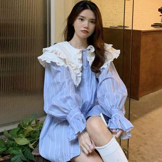 Flared-cuff Frilled Peter Pan-collar Striped Shirt Blue - One Size