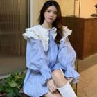 Flared-cuff Frilled Peter Pan-collar Striped Shirt Blue - One Size