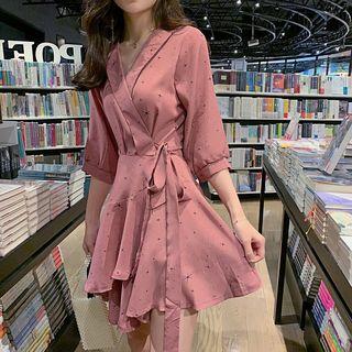 3/4-sleeve Patterned Chiffon A-line Mini Dress