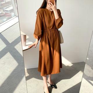 Round-neck Drawstring-waist Dotted Dress