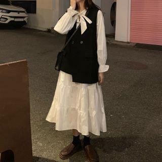 Long-sleeve Tie Neck Midi A-line Dress / Double Breasted Vest