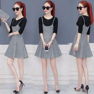 Set: Long-sleeve T-shirt + Gingham Spaghetti Strap Dress