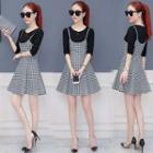 Set: Long-sleeve T-shirt + Gingham Spaghetti Strap Dress