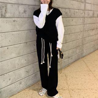 V-neck Sweater Vest / Straight Leg Pants