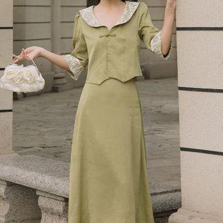 Set: Short-sleeve Lace Trim Shirt + Midi A-line Skirt