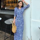 Butterfly Print 3/4-sleeve Maxi Wrap Dress