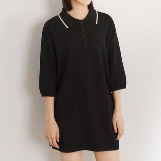 Contrast Trim 3/4 Sleeve Knit Polo Shirt Dress