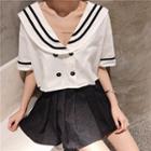 Short-sleeve Double-breasted Blouse / Pleated Skirt