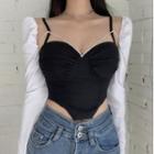 Mock Two-piece Cold-shoulder Cropped T-shirt White & Black - One Size