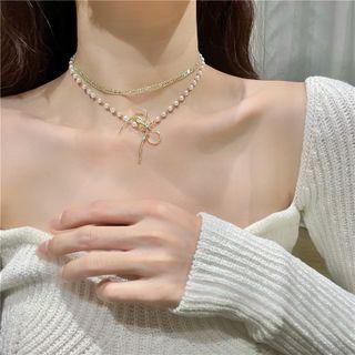 Bow Pendant Faux Pearl Layered Alloy Choker Gold - One Size