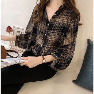 Lantern-sleeve Plaid Chiffon Shirt