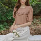 Puff-sleeve Crochet-trim T-shirt