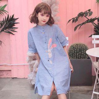 Rabbit Print Short-sleeve Striped Shirtdress Blue - One Size